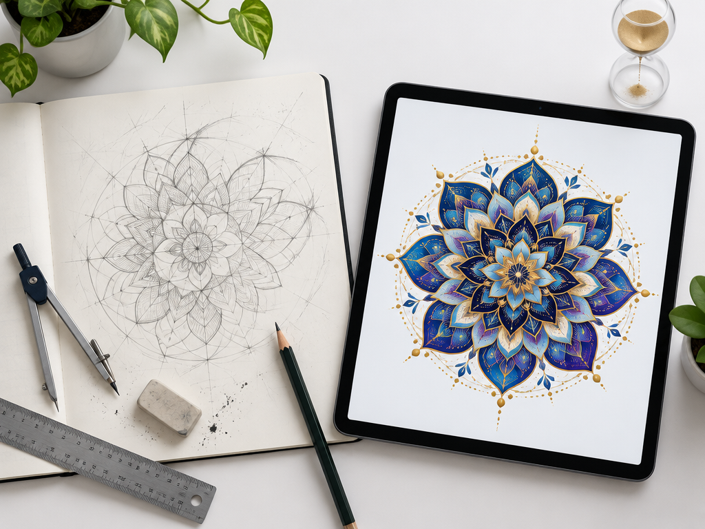 AI Mandala Generator может быстро создавать изысканные симметричные рендеры узоров мандал по сложным эскизам, нарисованным от руки.
