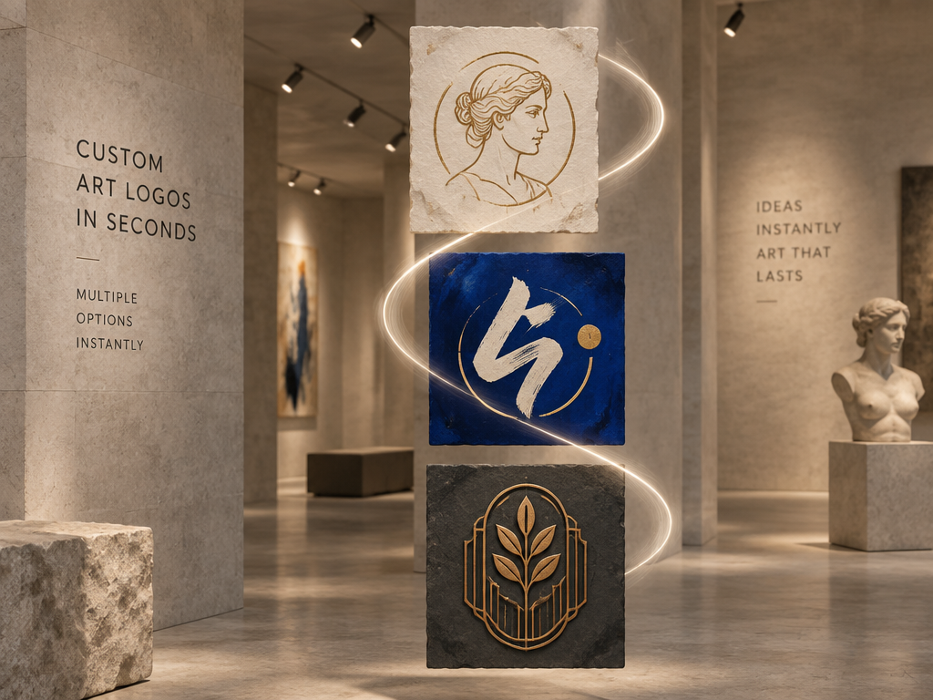 AI art Logo design multi-scheme generation and display in seconds: Three studio logos from different art schools are presented simultaneously, saying goodbye to weeks of waiting and quickly establishing brand visuals.