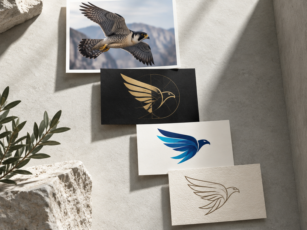 AI image-to-Logo rapid iteration design effect display: Real photos of the eagle instantly derived three different styles of brand Logo cards: geometric gold foil, dynamic two-color, and extremely simple lines.