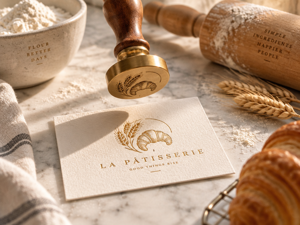 AI baking Logo design and production scene without design background: Easily generate professional customized bakery brand logo with one click on the marble operation table.
