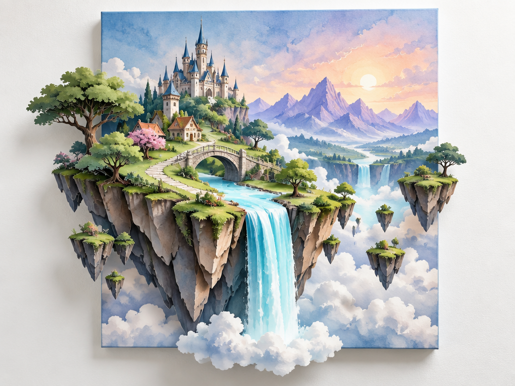 AI 2D Art Generator 可利用水彩线稿和剪纸图层，生成漂浮岛屿的插画效果，呈现三维深度错觉。