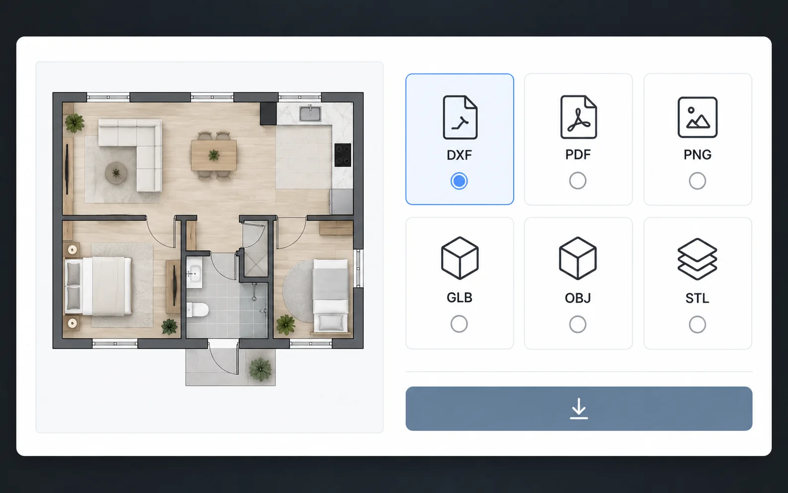 Illustrative export panel showing 2D and 3D floor plan format options