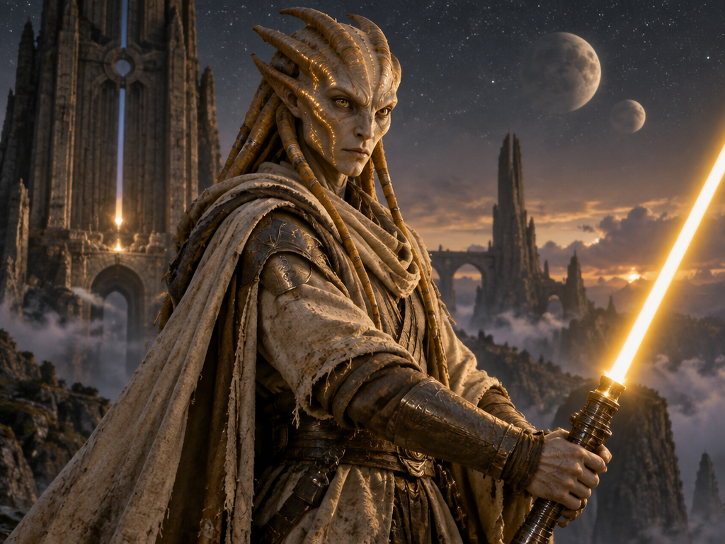 Original alien Jedi Knights, equipped with unique amber lightsabers, generated by an AI Star Wars character generator
