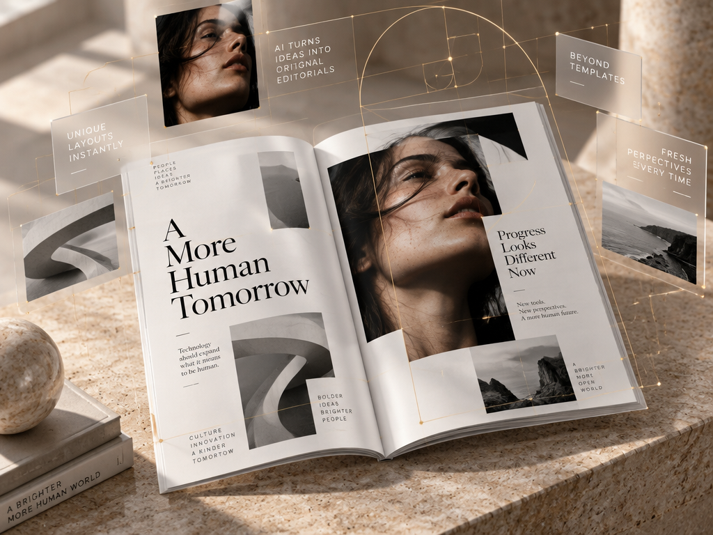 AI magazine generator creating unique magazine content and bespoke layouts instantly beyond simple templates