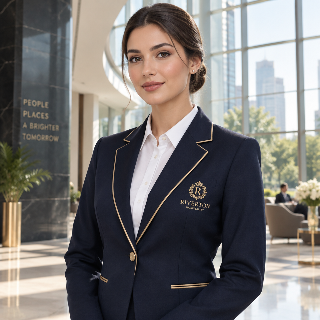 Professional woman in business attire, elegant office background, corporate headshot style.
