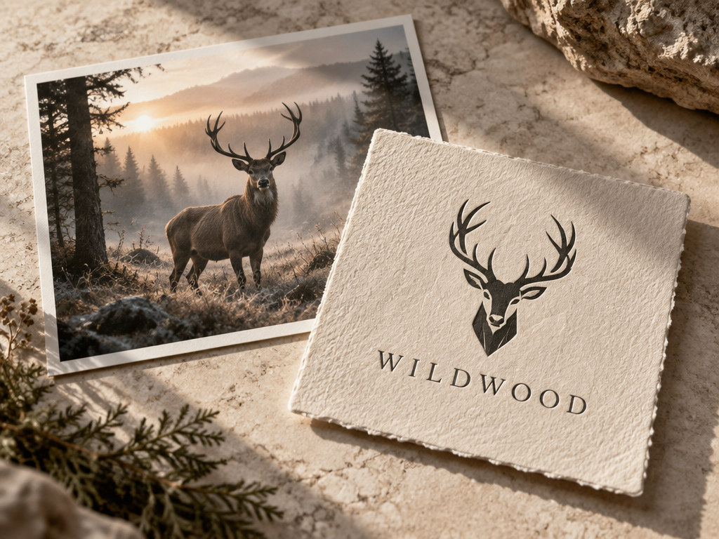 Easily design a Logo display with your own real photos: The three-dimensional staggered card effect of real photos of the elk forest and the transformed minimalist geometric deer head vector brand logo 