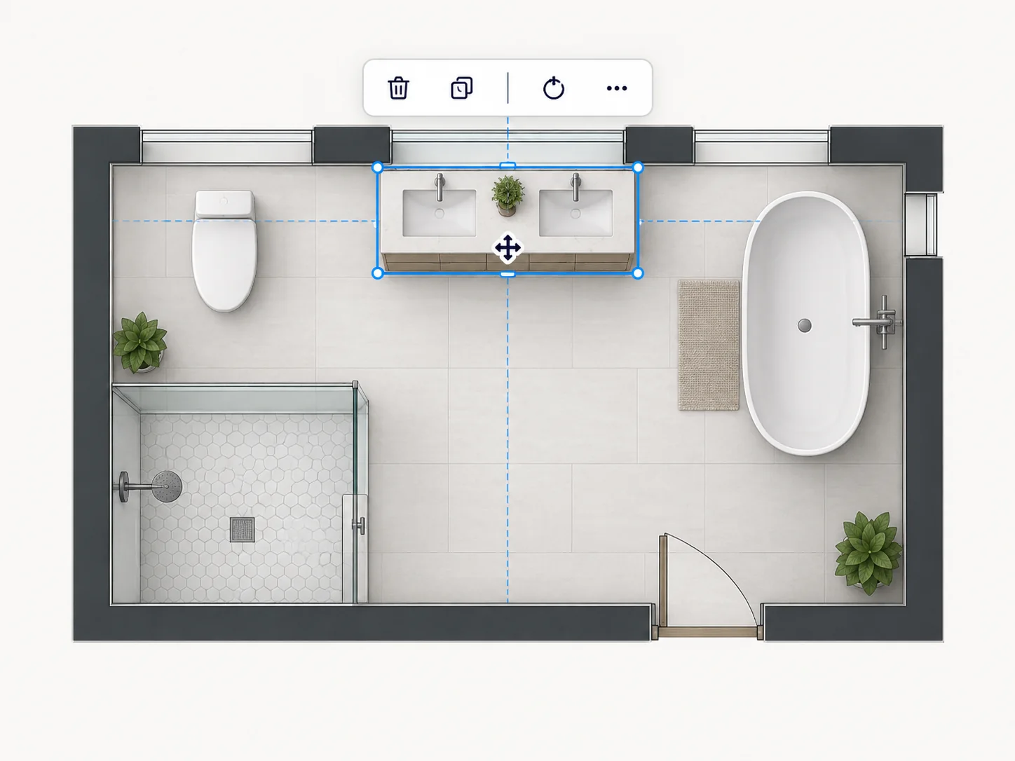 Illustrative bathroom floor plan editor with a selected vanity