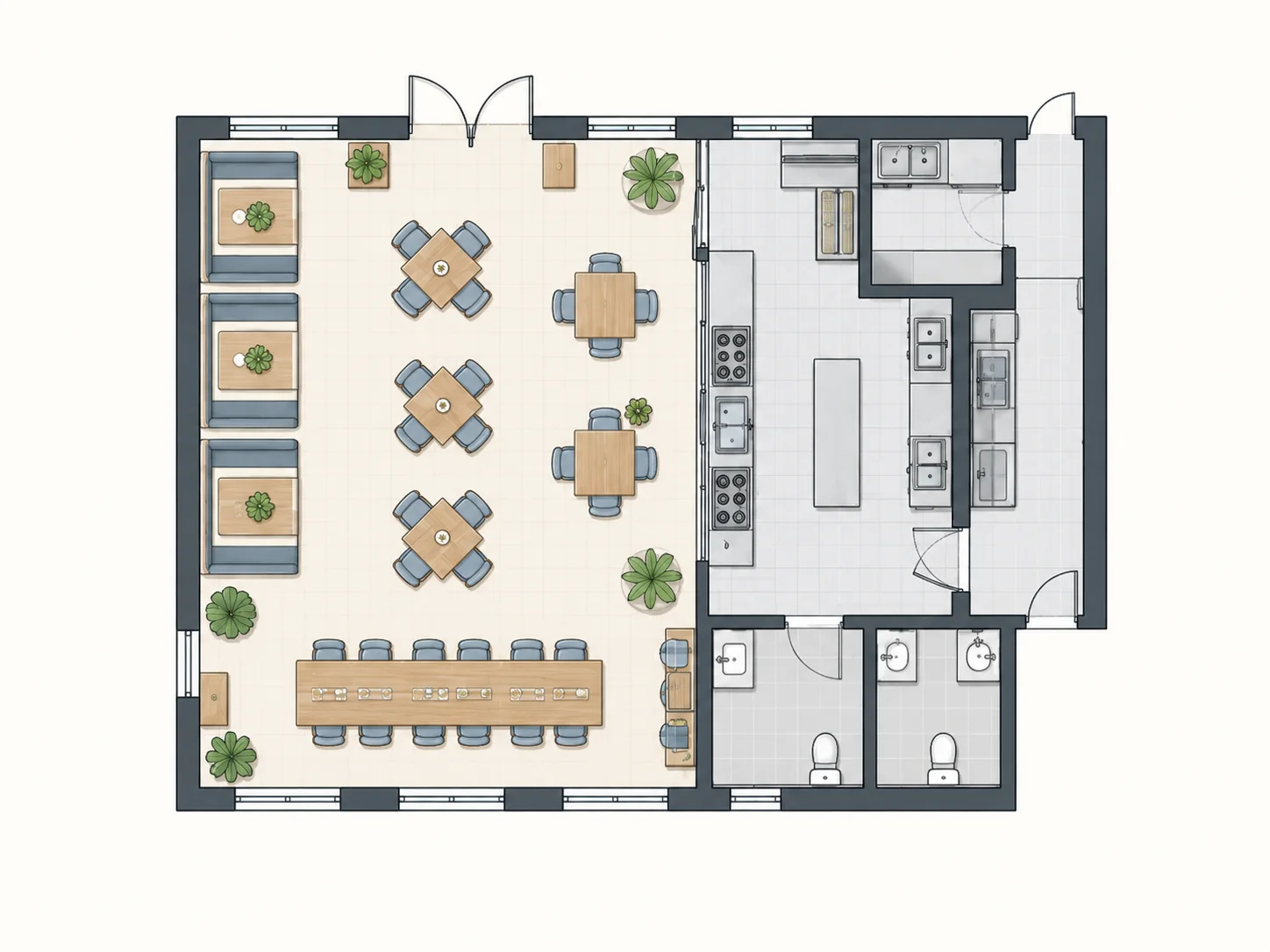 Top-down restaurant plan with dining and kitchen