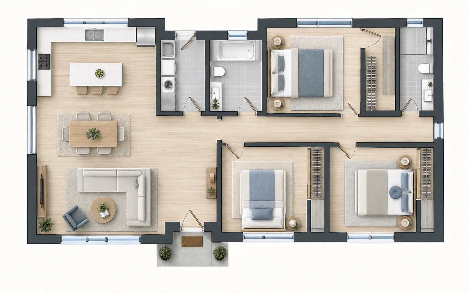 Illustrative 120 sqm family home floor plan with three bedrooms, two bathrooms, and open living spaces