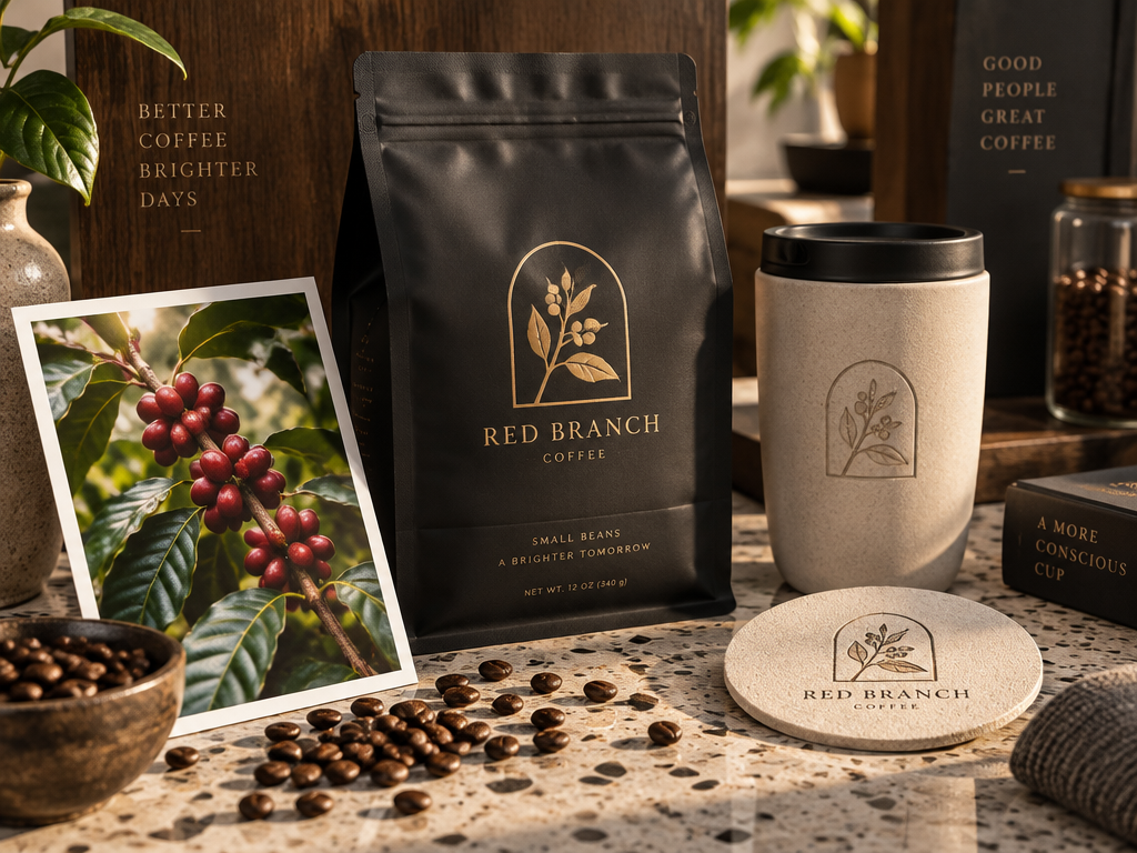 Professional image to Logo design effect display: Real photos of coffee beans transformed into high-end gold foil packaging and a complete set of brand visual logos for boutique coffee shops