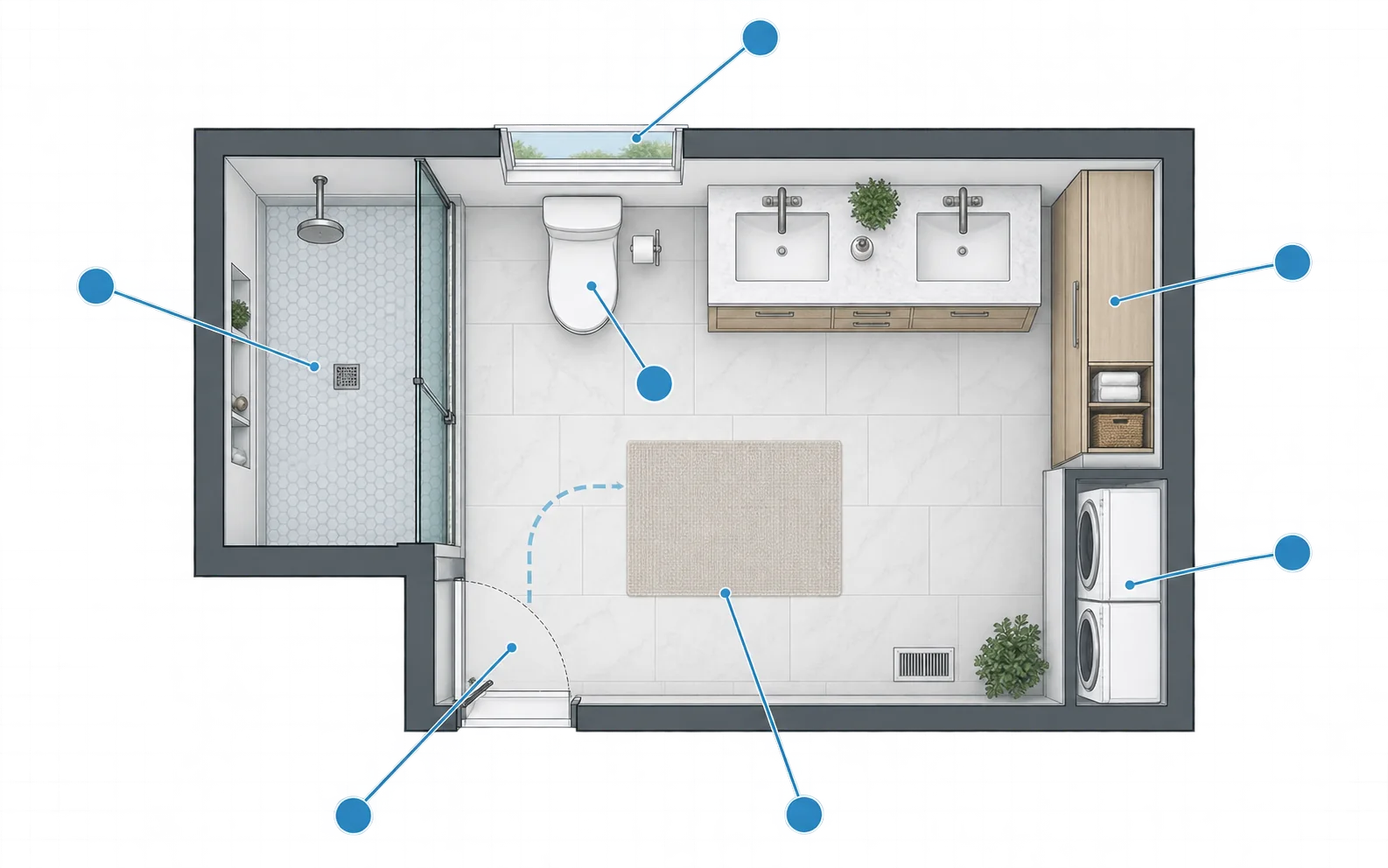 Illustrative bathroom plan highlighting door swing, wet zone, storage, and circulation