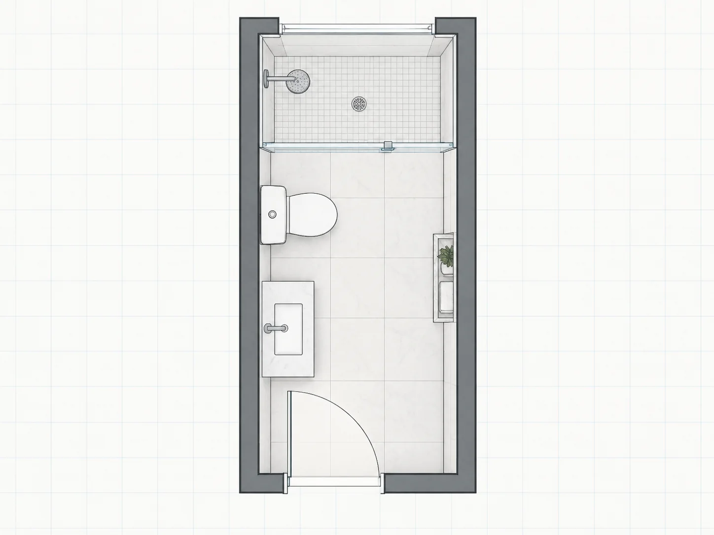 Illustrative 5x10 compact bathroom floor plan with shower, toilet, and single vanity