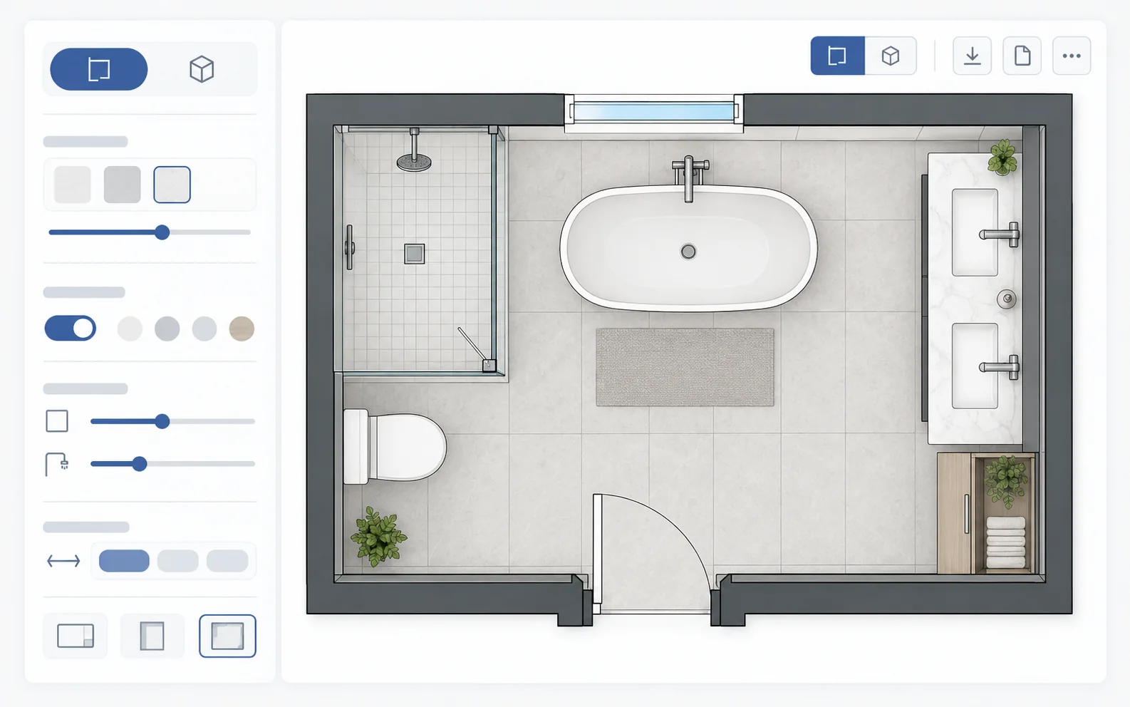 Illustrative bathroom floor plan interface with a top-down bathroom layout and editing controls