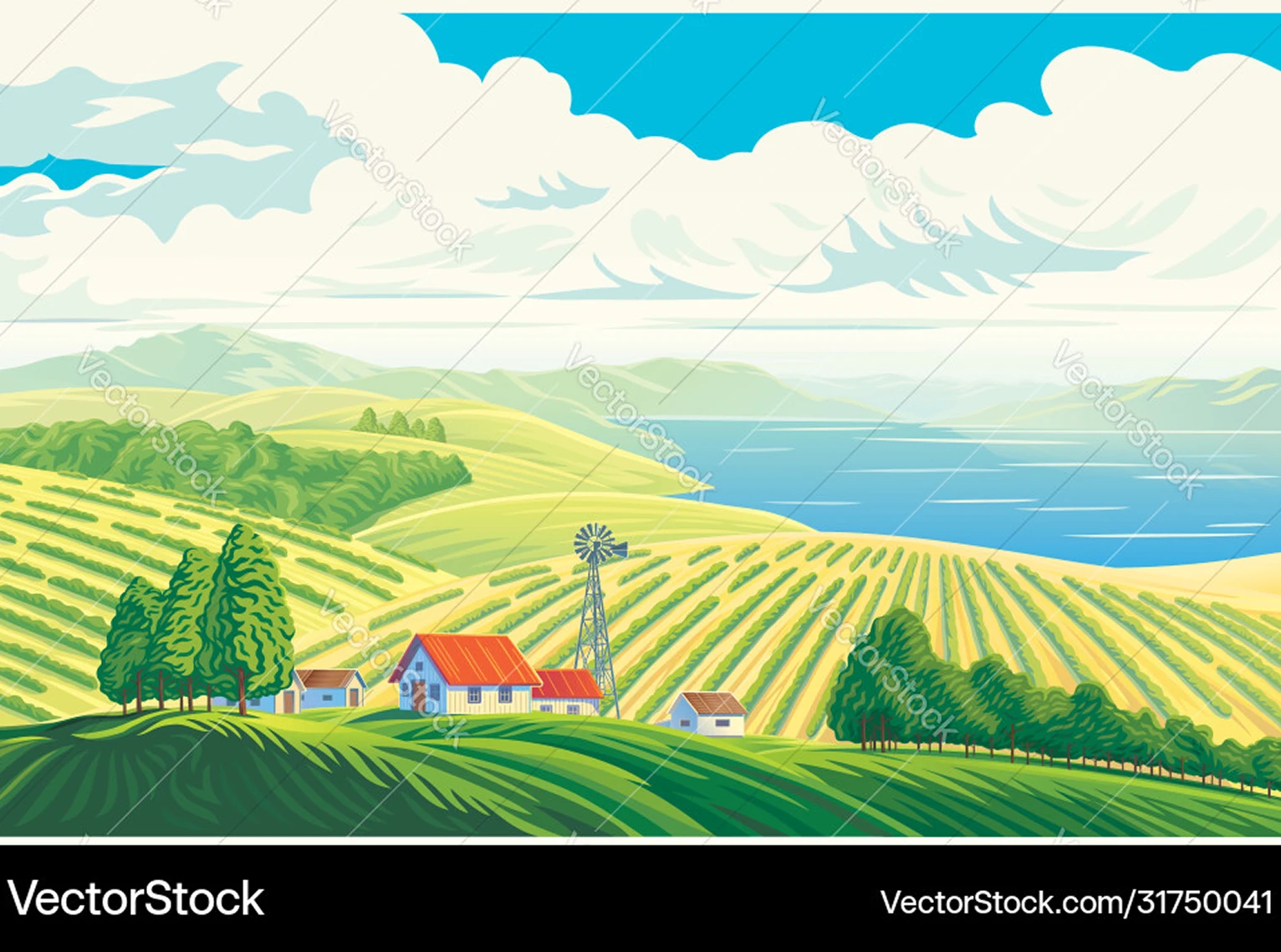 VectorStock illustration before watermark removal, showing a farm landscape under repeated VectorStock watermarks