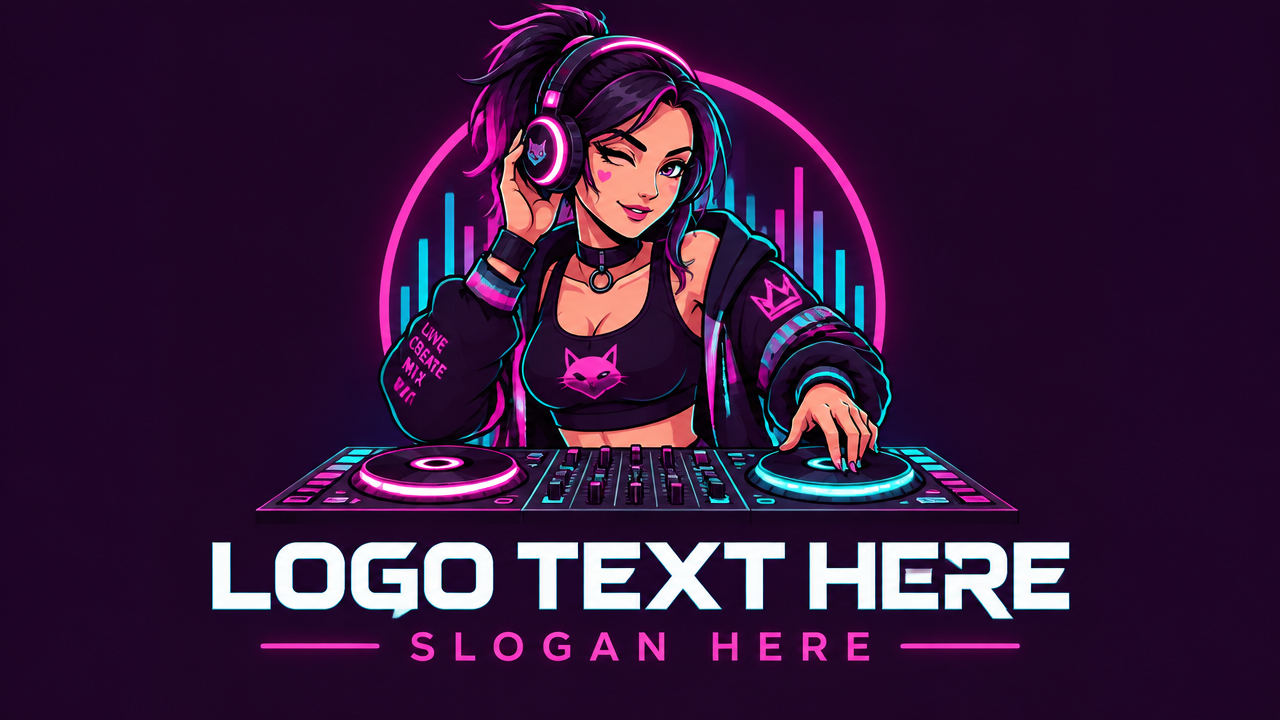 Stylish female anime DJ mascot mixing on turntable logo template