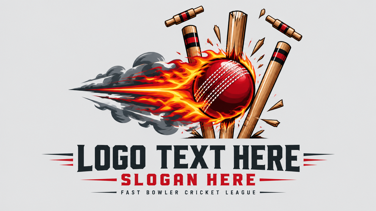 Fiery cricket ball shattering wooden stumps logo template with speed flames