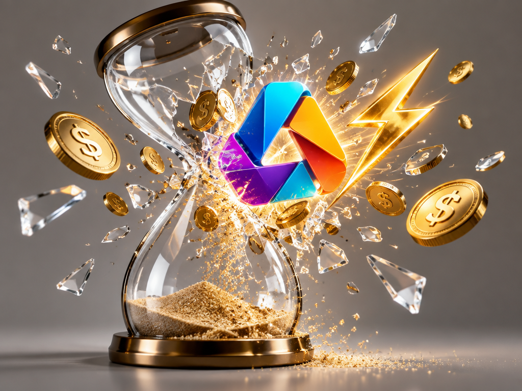 Exquisite 3D graphic logo bursting out of a shattered hourglass with gold coins symbolizing saving time and money without waiting