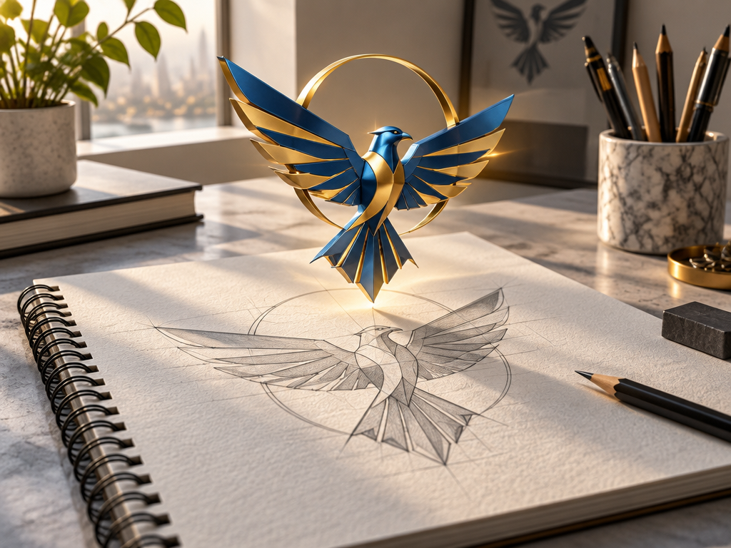 A rough hand-drawn sketch transforming and rising into a finished 3D graphic logo emblem symbolizing turning your brand vision into reality
