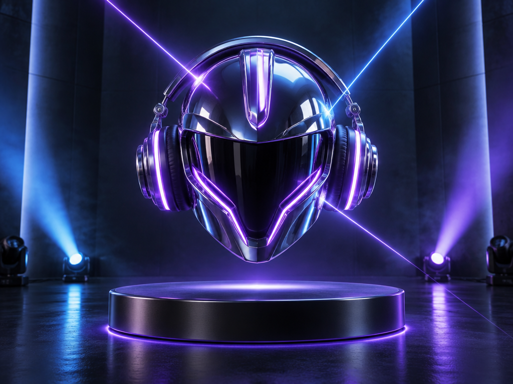 Futuristic 3D chrome DJ helmet emblem being crafted by AI laser light beams representing a unique DJ brand identity