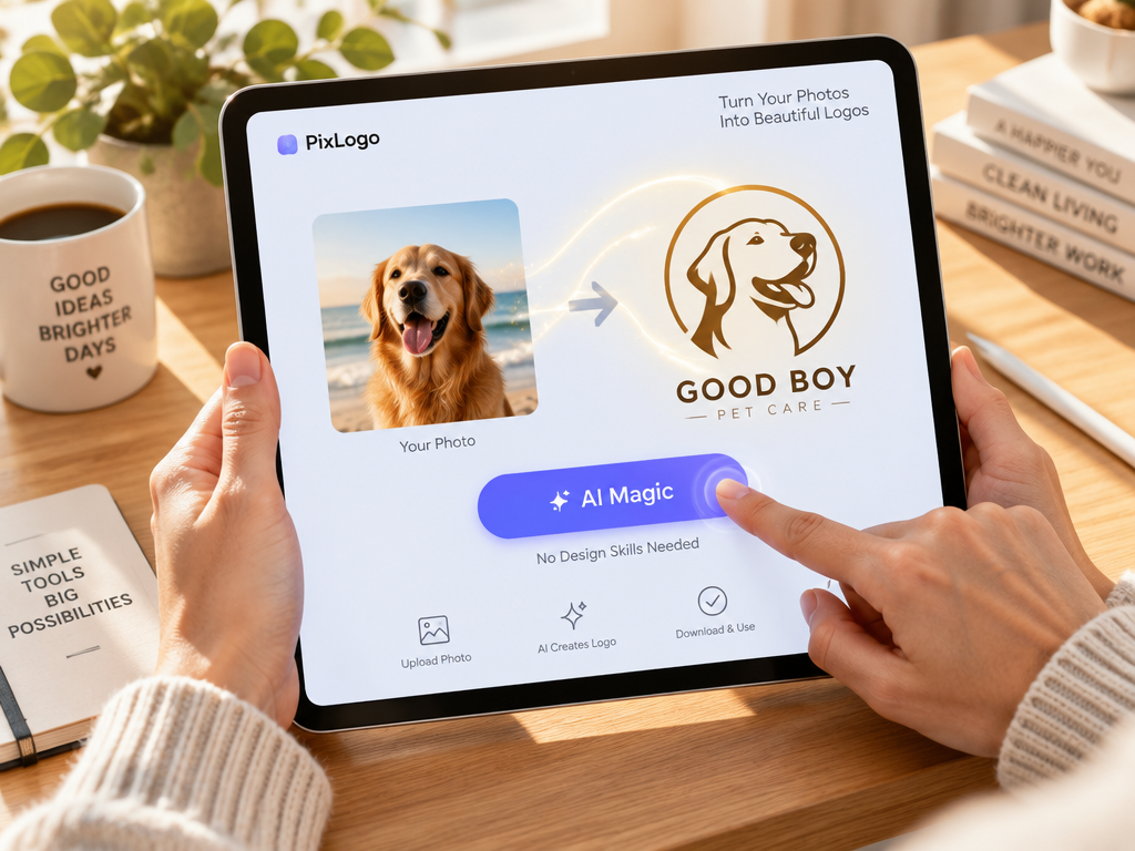 User effortlessly creating a professional brand logo from a photo with a single tap on a tablet with zero design skills