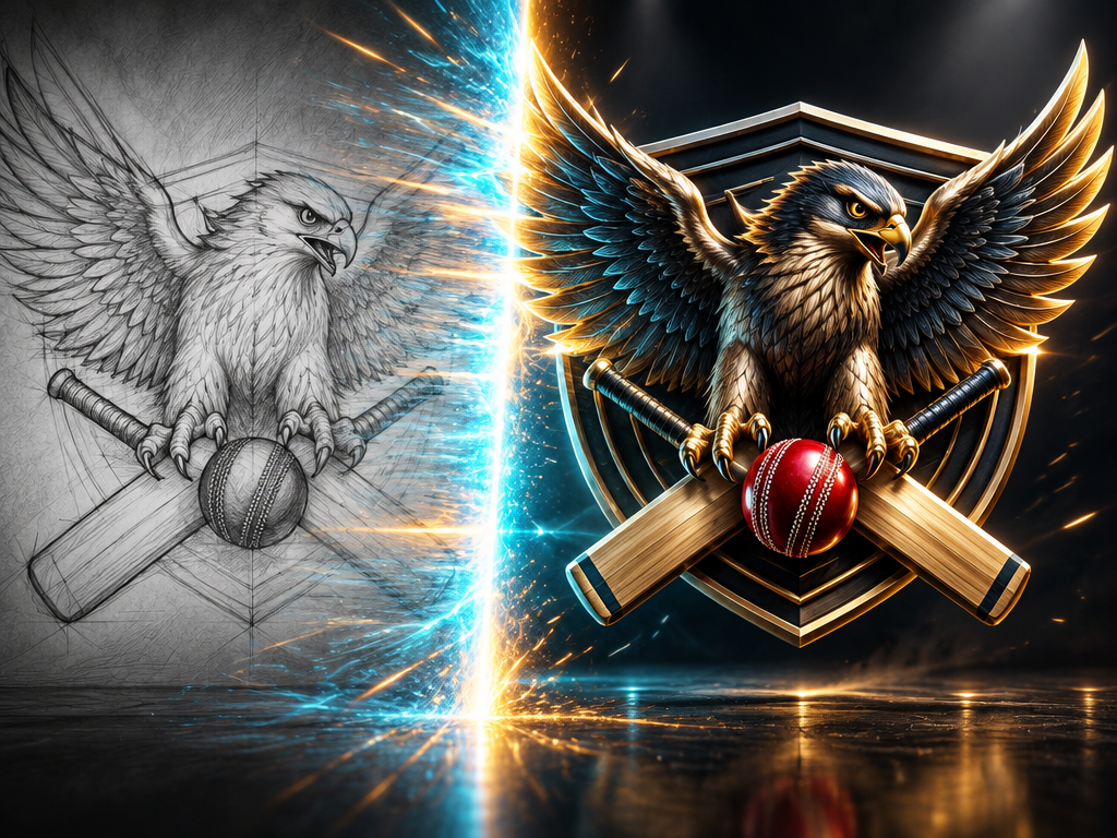 Instant transformation of a rough cricket sketch concept into a creative 3D team logo crest in seconds using AI