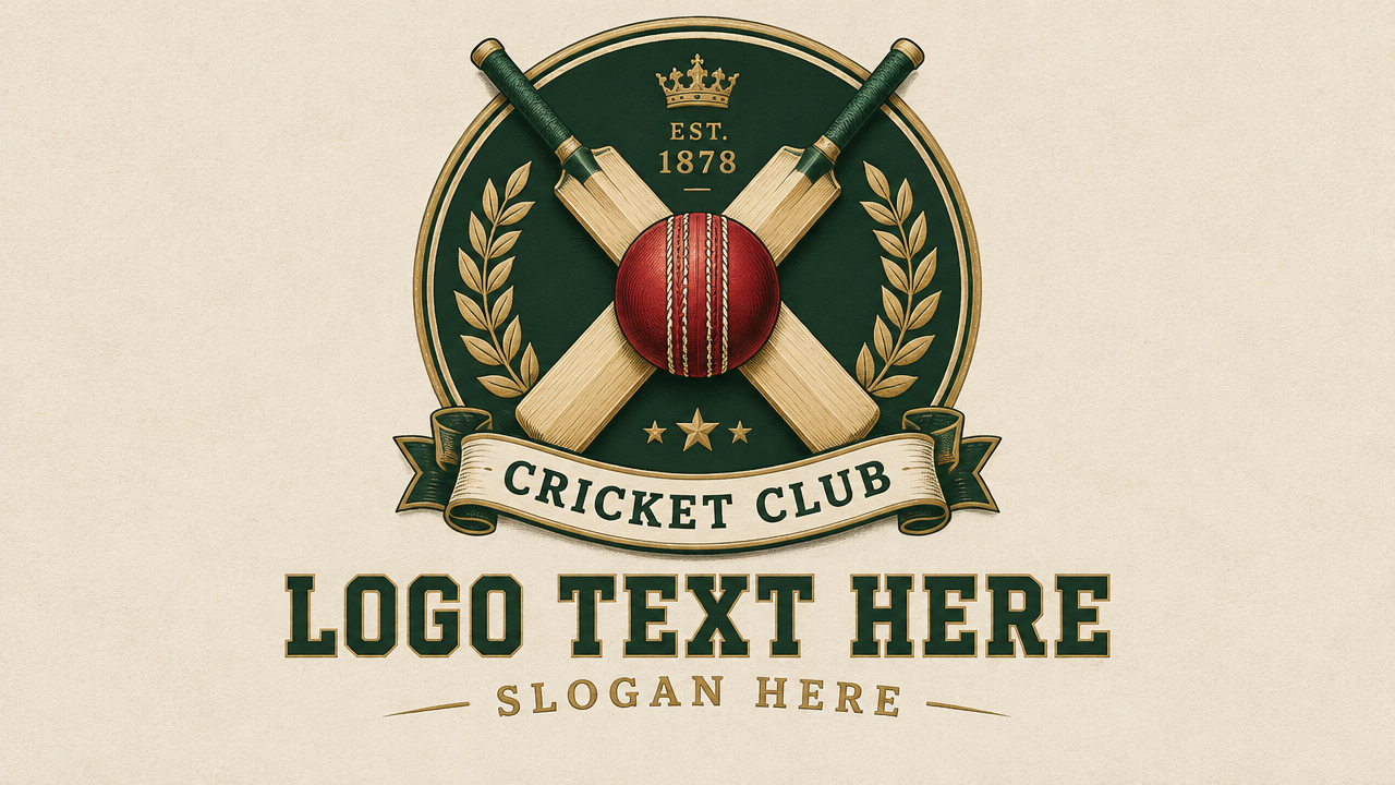 Vintage circular cricket club crest logo template with crossed willow bats and laurels