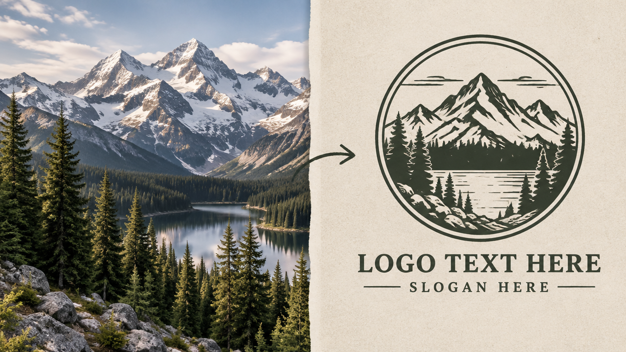 Before and after transformation of mountain landscape photo into vintage badge logo