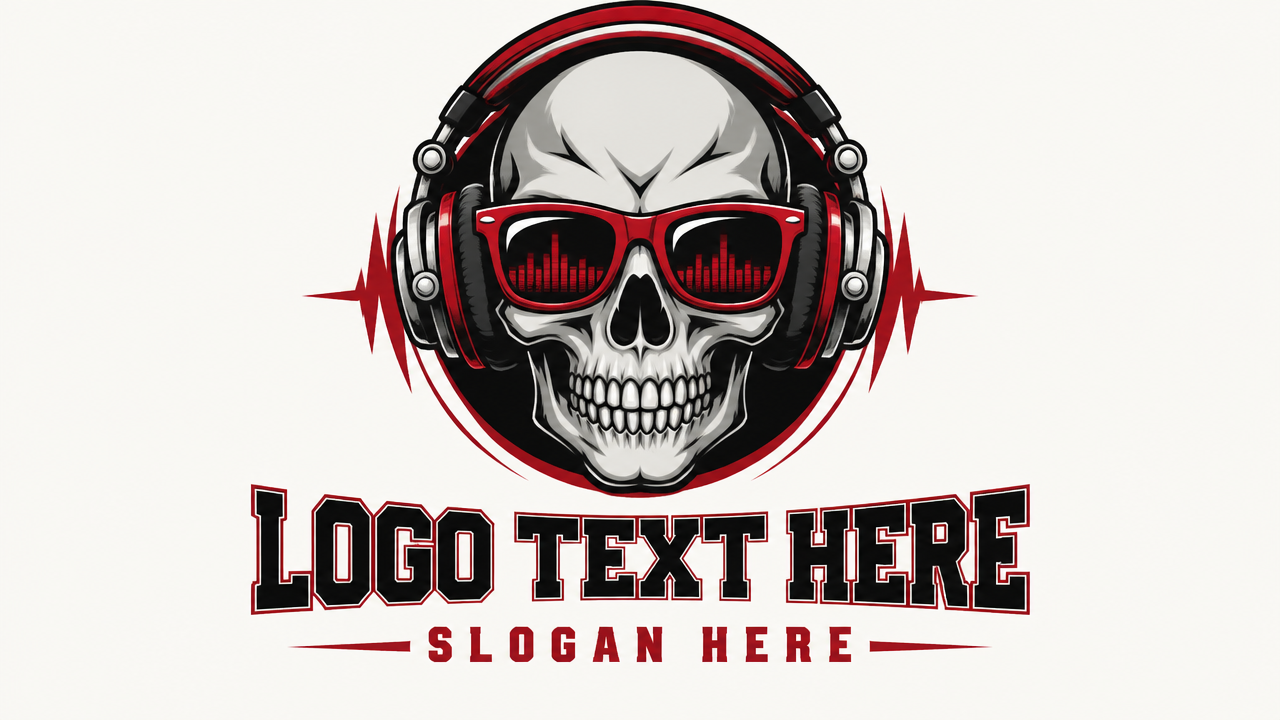 Edgy skull wearing sunglasses and DJ headphones logo template