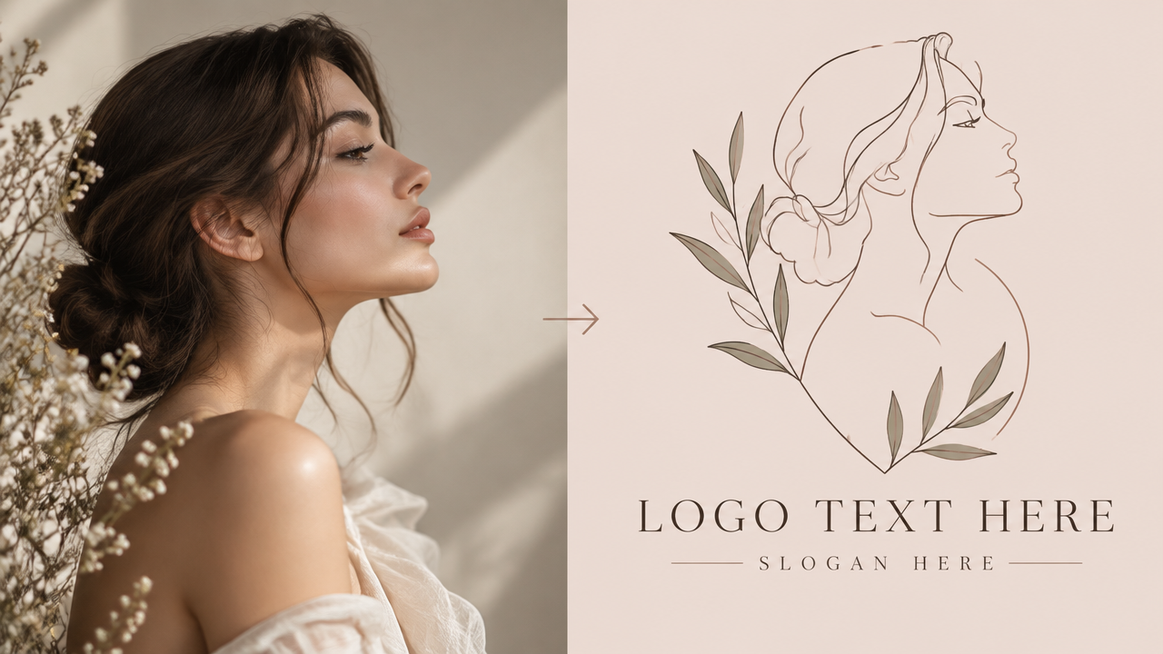 Before and after transformation of woman portrait photo into line art silhouette logo