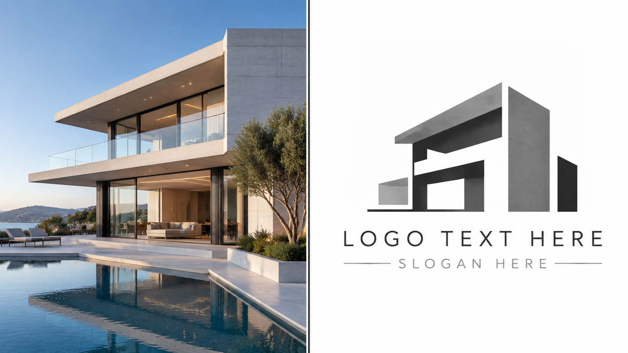 Before and after transformation of modern building photo into architectural logo