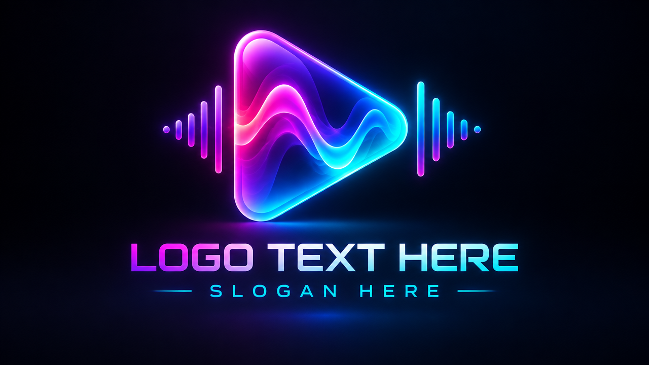 Futuristic iridescent play button and sound wave media app logo template