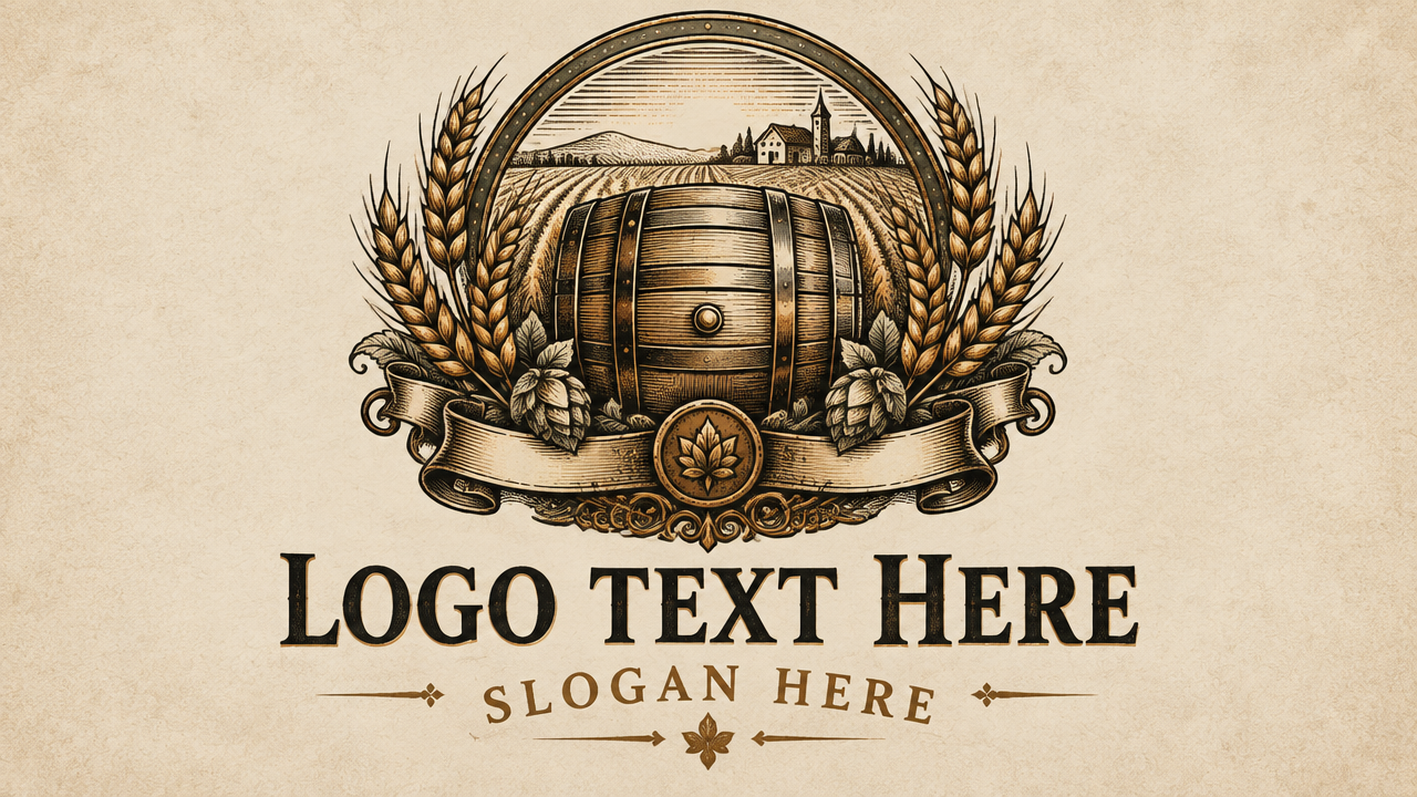 Vintage circular craft brewery badge graphic logo template with banner ribbon