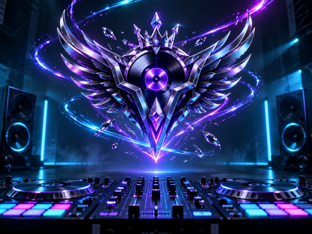Instant generation of a free custom 3D liquid chrome DJ logo emblem floating above an illuminated audio controller