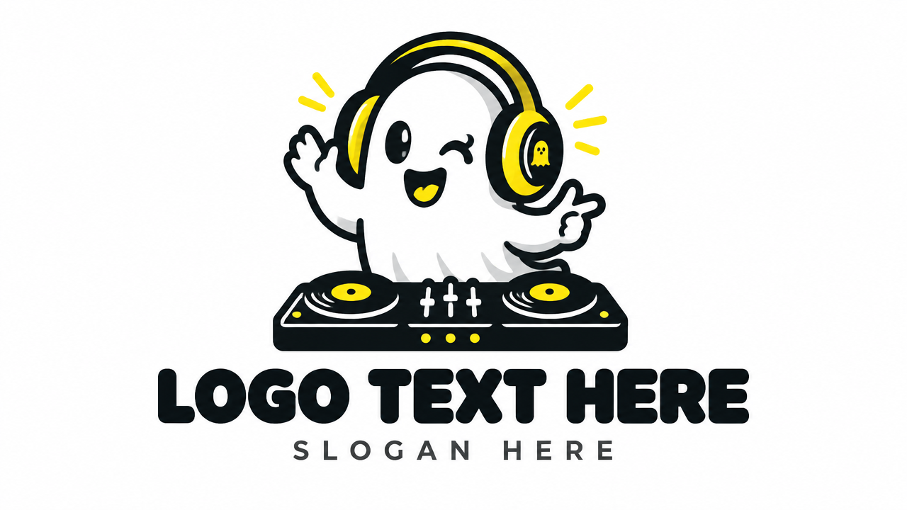 Cute minimalist ghost wearing oversized headphones DJ logo template