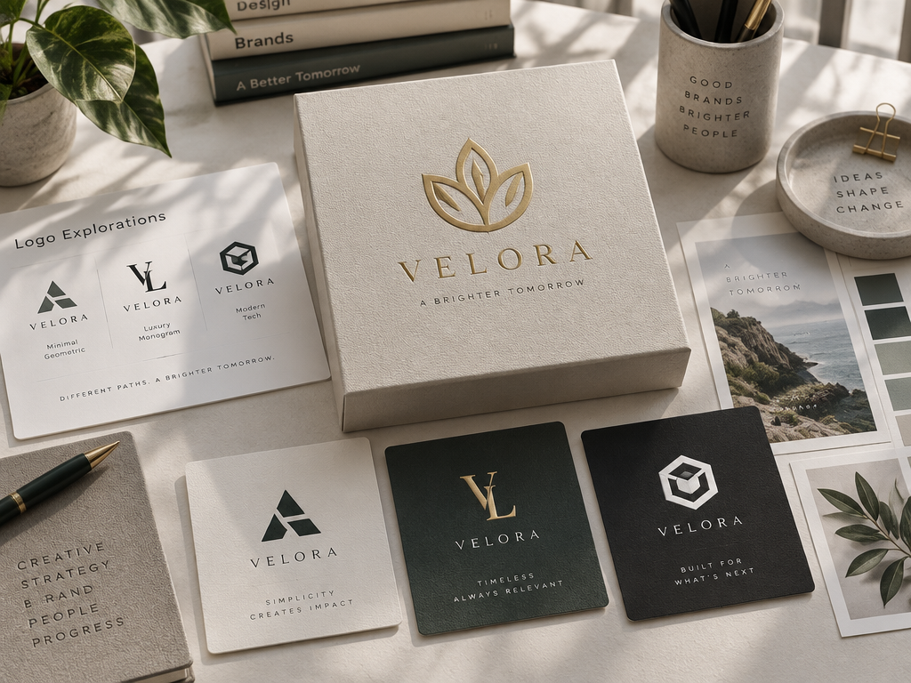 AI brand logo design tool generating multiple logo options and quick iterations on modern mockups