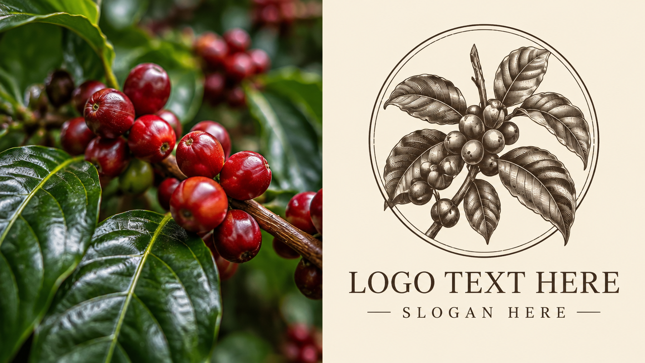 Before and after transformation of botanical plant photo into artisanal coffee logo
