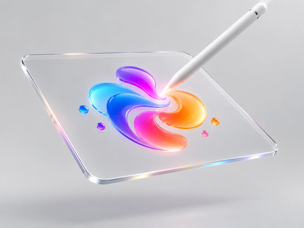 A glowing stylus touching a floating digital canvas blooming a colorful 3D graphic logo for free design