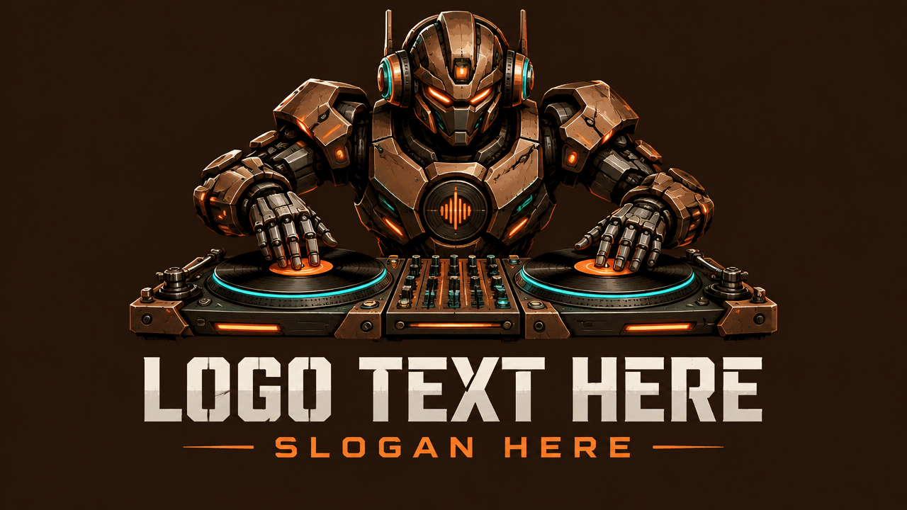 Armored mecha robot DJ scratching vinyl record logo template on dark background