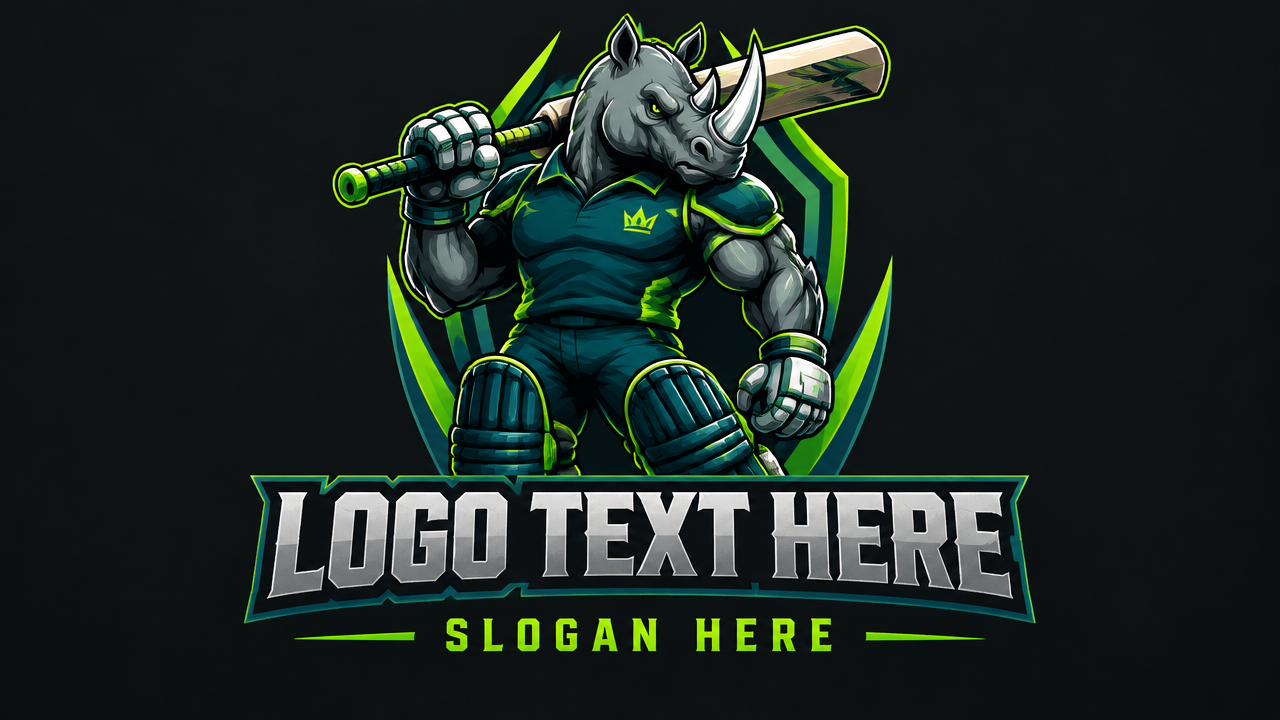 Armored rhino holding a cricket bat sports mascot logo template on dark background