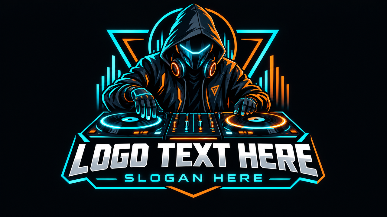 Hooded cyberpunk DJ mascot mixing at turntable logo template with placeholder text
