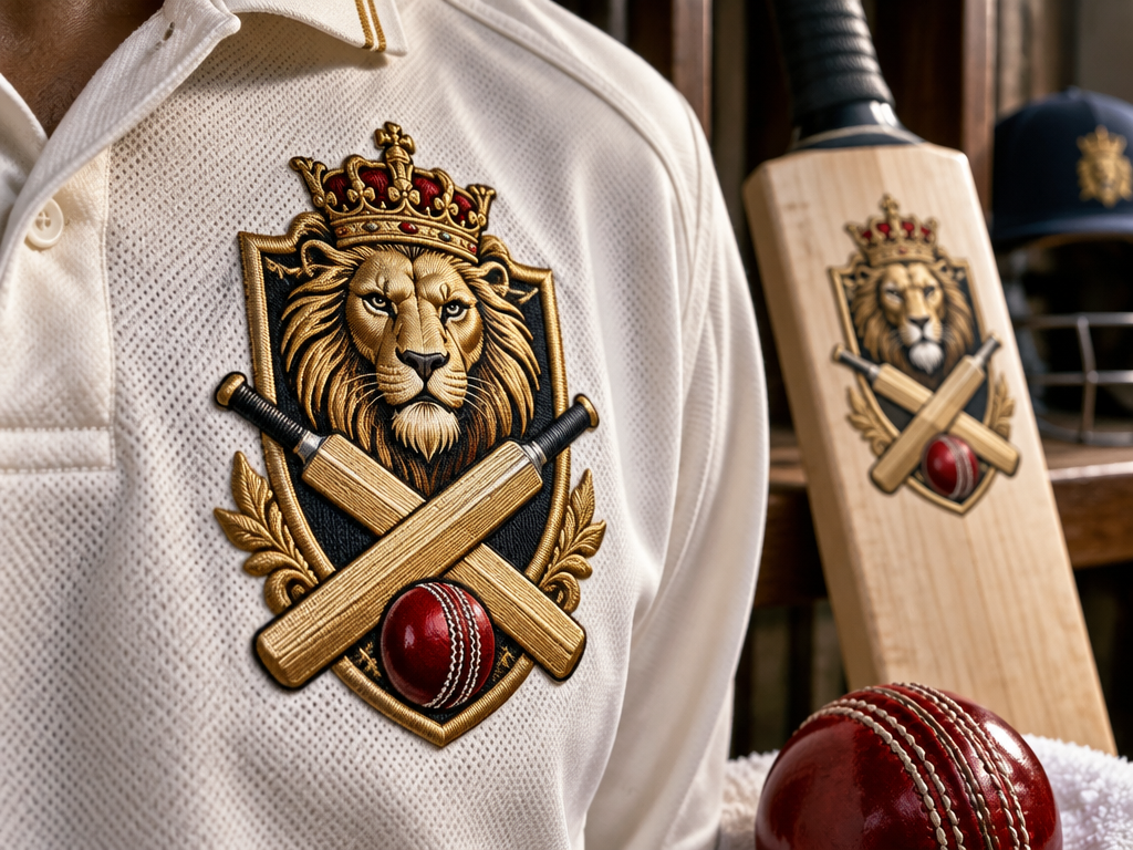 Macro close-up of high-quality HD embroidered cricket team logo crest on professional match jersey and willow bat