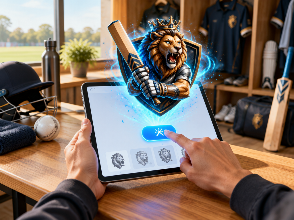 Creating an aggressive 3D cricket team logo crest effortlessly with a single tap on a tablet with no design skills