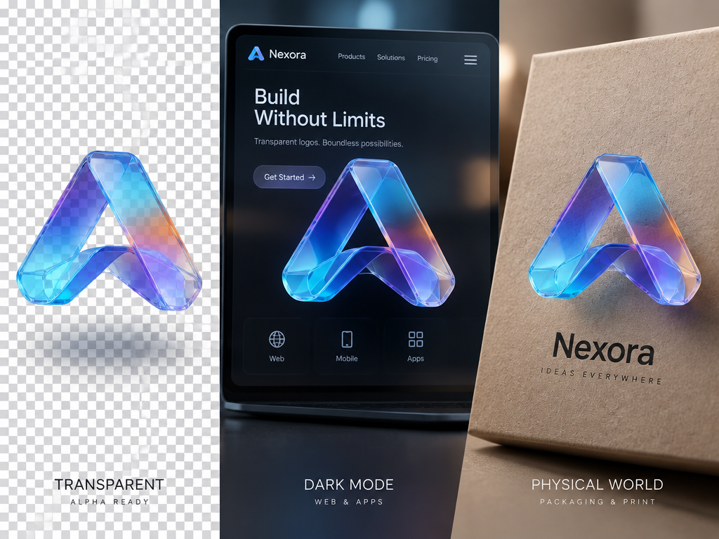 Transparent AI brand logo seamlessly adapting across checkerboard background, dark mode screen, and physical packaging for any platform