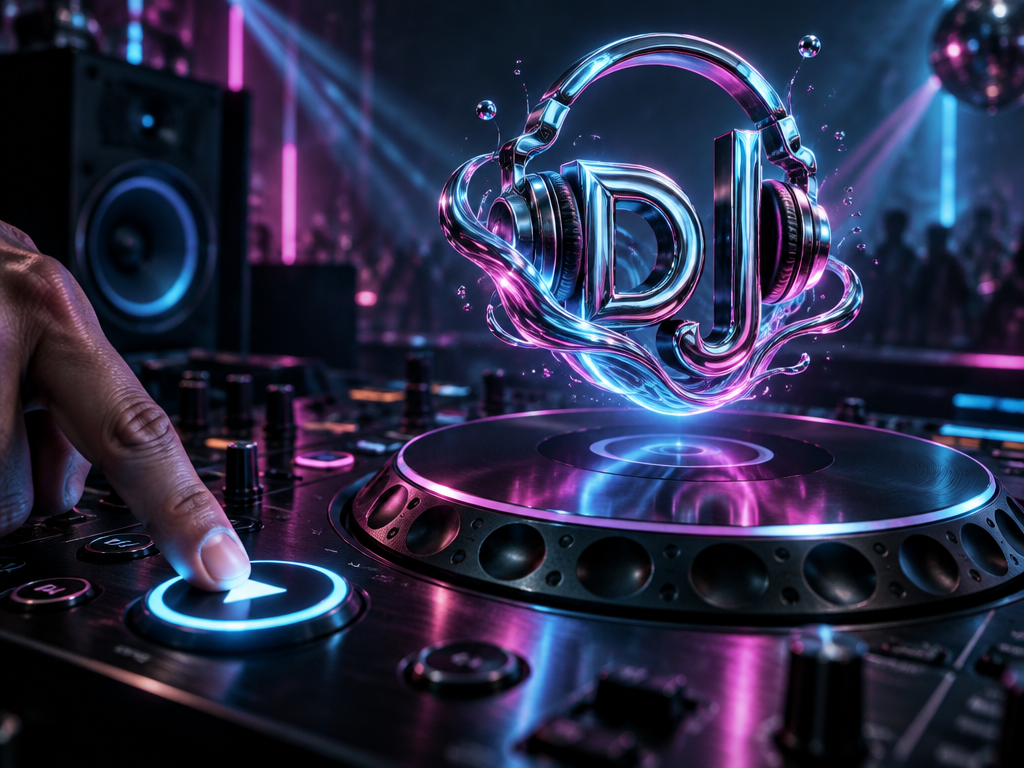 Starting a DJ logo design journey with a glowing 3D neon logo emblem igniting above a modern DJ mixer deck