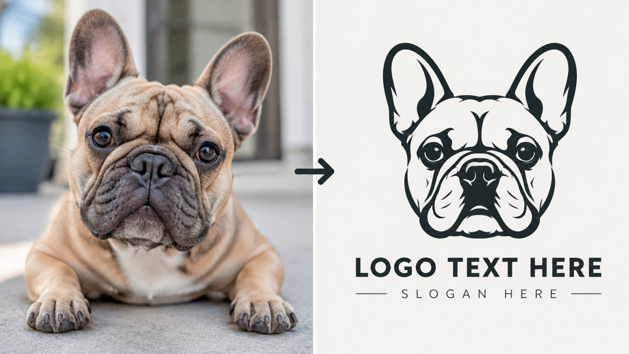 Before and after transformation of a dog photo into a minimalist brand logo