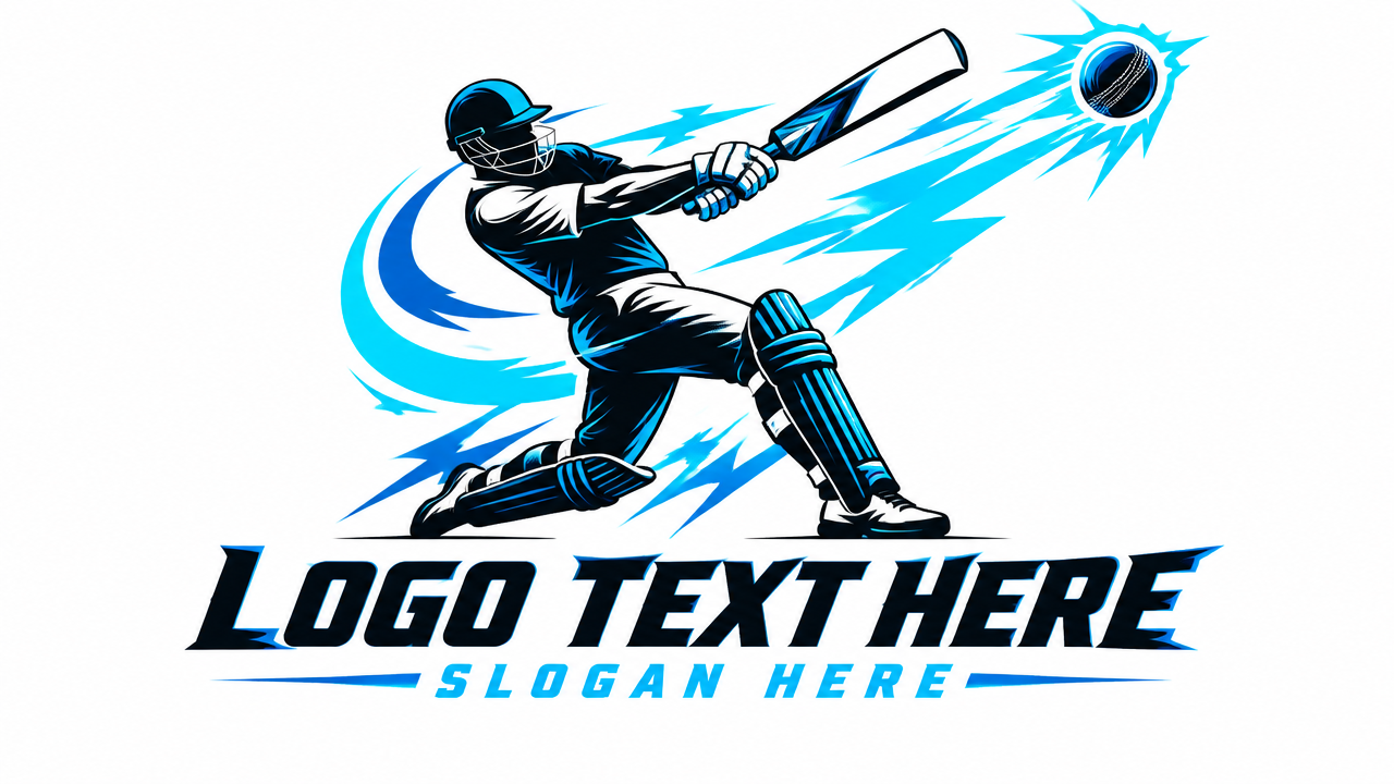 Dynamic electric batsman hitting a shot cricket logo template with athletic text
