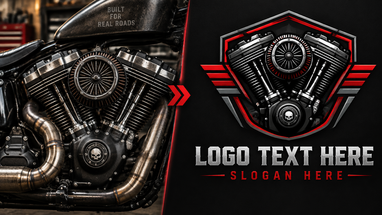 Before and after transformation of motorcycle engine photo into bold industrial logo
