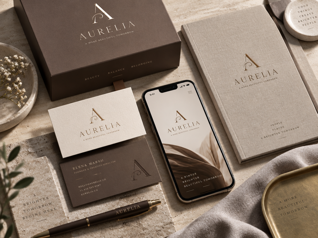 Professional brand logo design mockup showing complete visual identity on luxury packaging and business cards