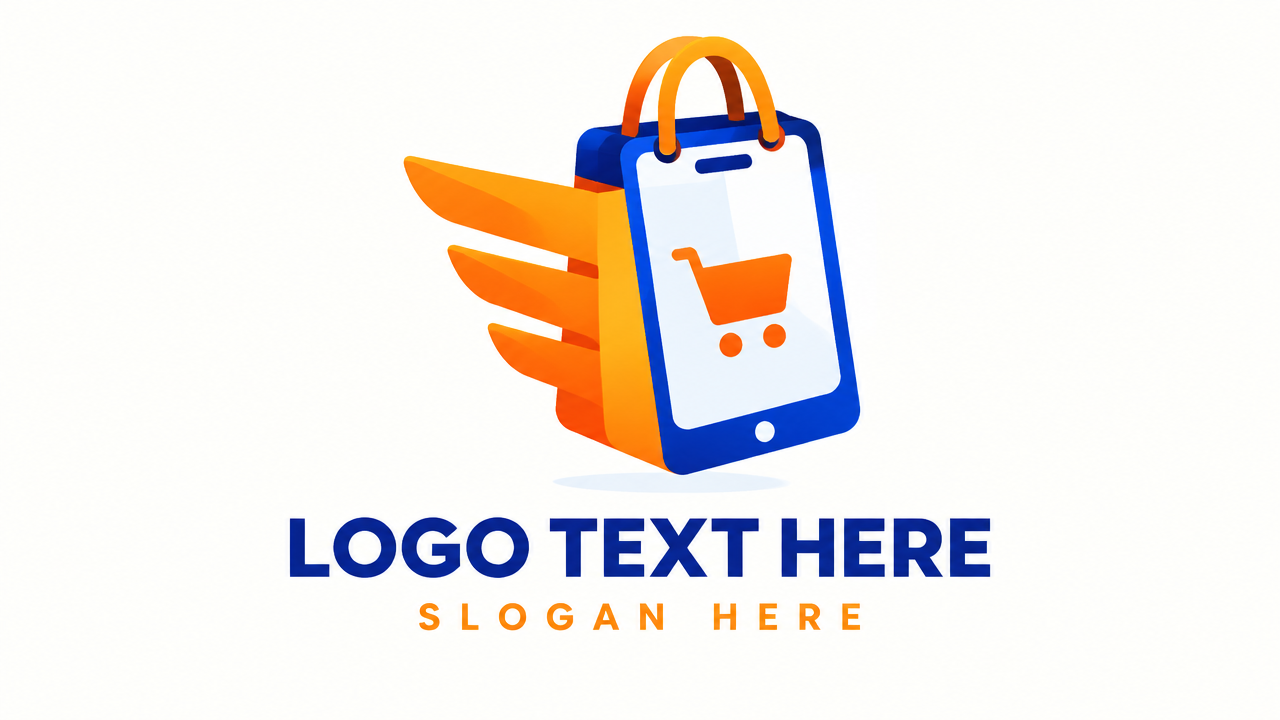 Creative 3D isometric smartphone and shopping bag delivery app logo template