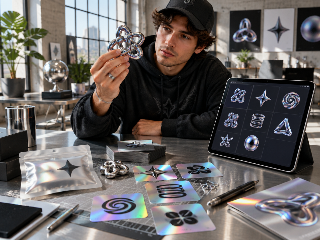 Creative founder holding sculpted 3D liquid chrome logo badge beside holographic stickers on metal workbench